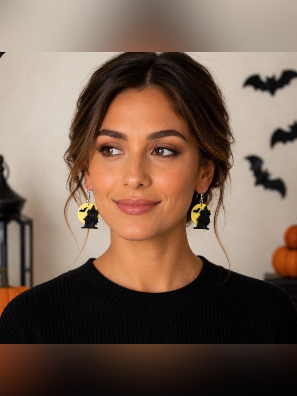 Halloween Castle Dangle Earrings in Yellow and Black